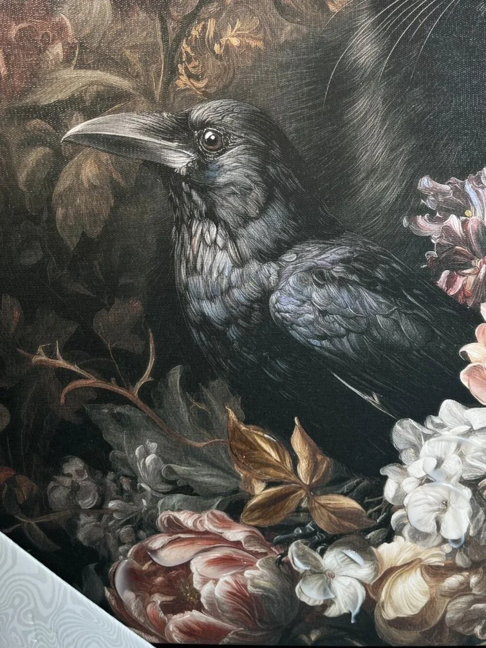 Oliver Art Black Cat & Crow w/Flowers/Floral Canvas Wall Art